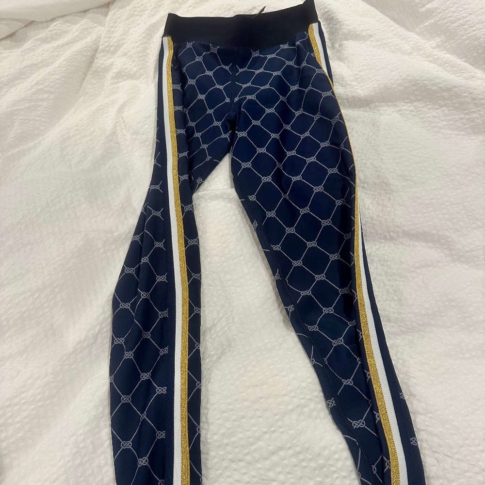 Ultacor Blue Leggings with Gold, White & Blue Stripe size small